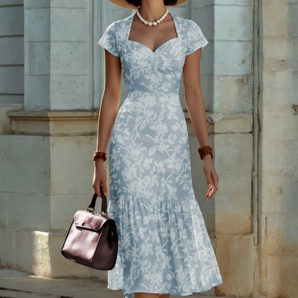 Chic Light Blue Floral Midi Dress #110 - Picture 2 of 5